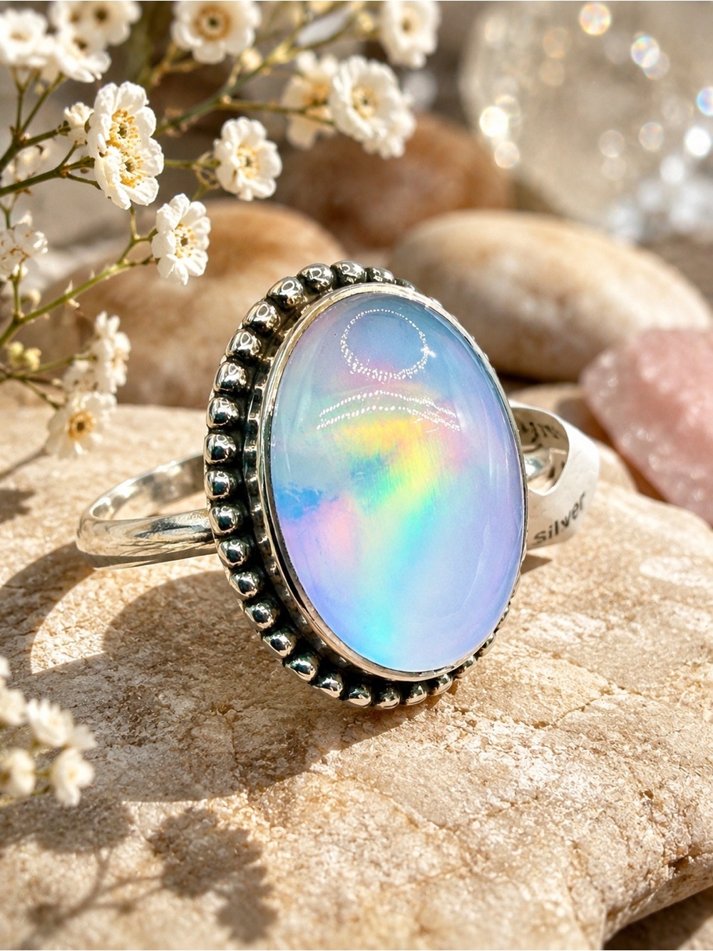NWT Aura Opal Sterling Silver Ring Size 9 Rainbow Flash 925 Opalite Southwestern
